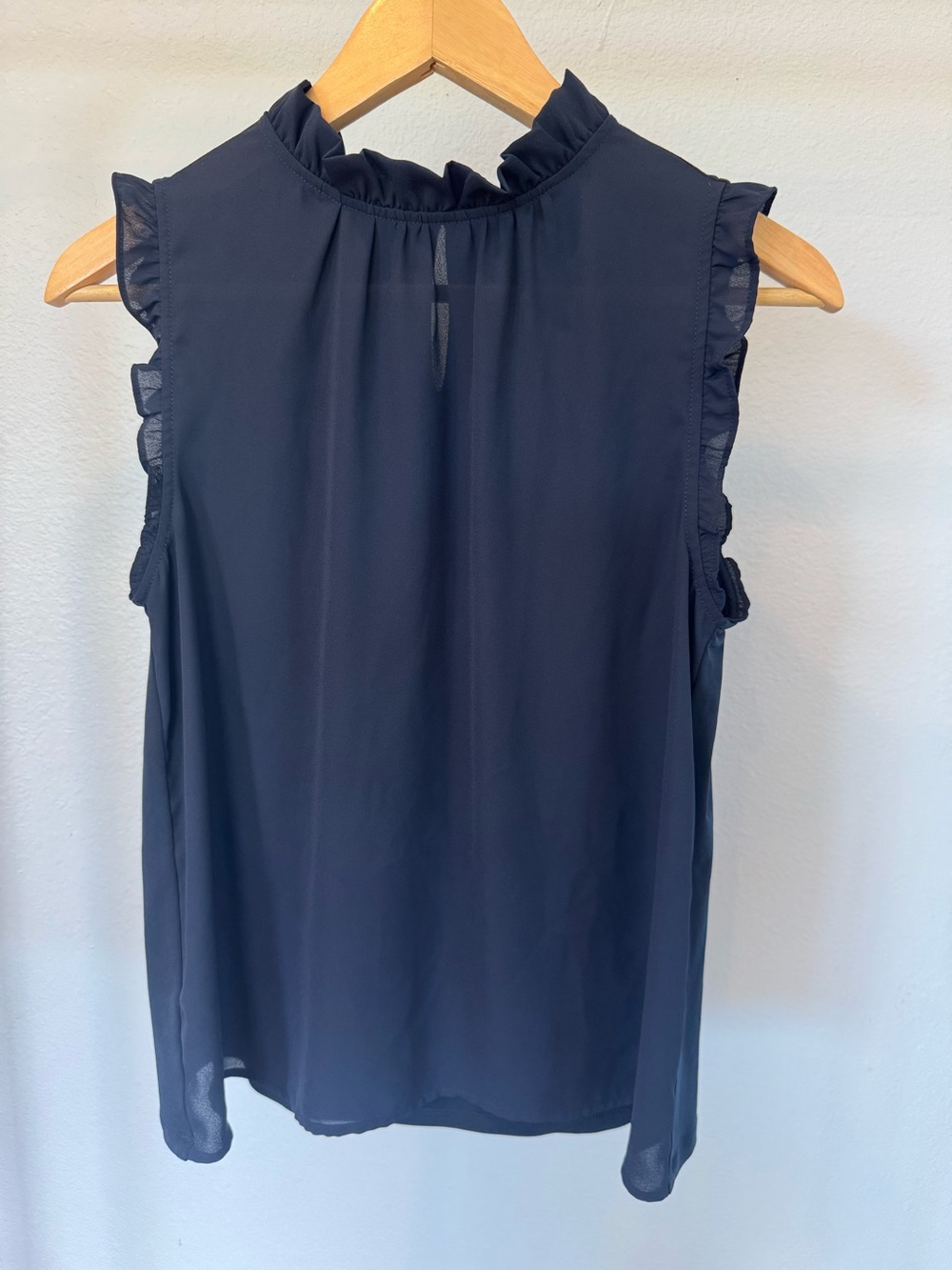Ann Taylor Navy Ruffle Mock Neck Sleeveless Top